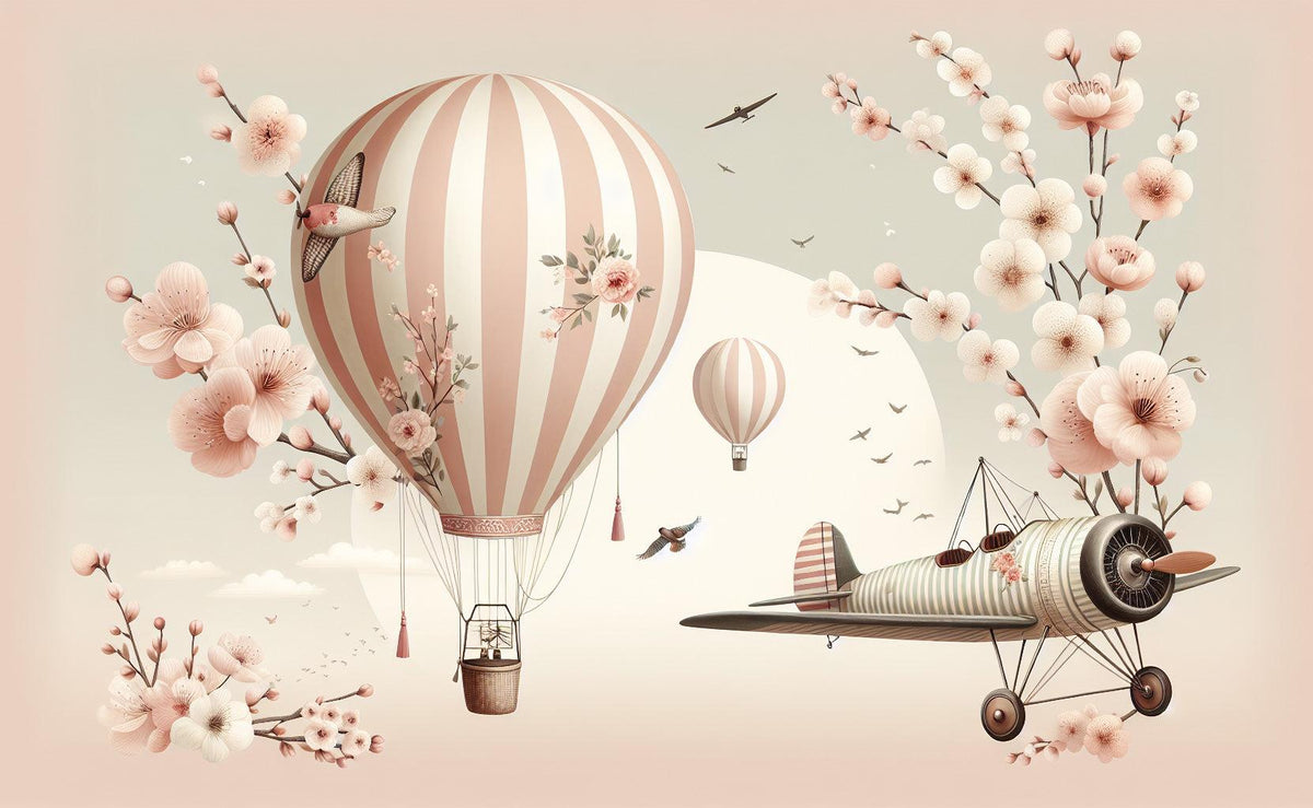 Papier peint montgolfière cerisiers et avions
