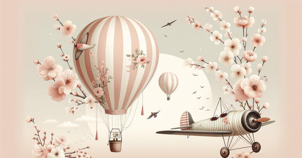 Papier peint montgolfière cerisiers et avions