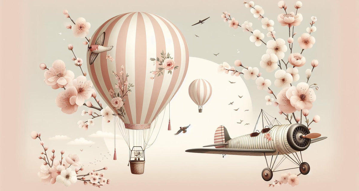 Papier peint montgolfière cerisiers et avions