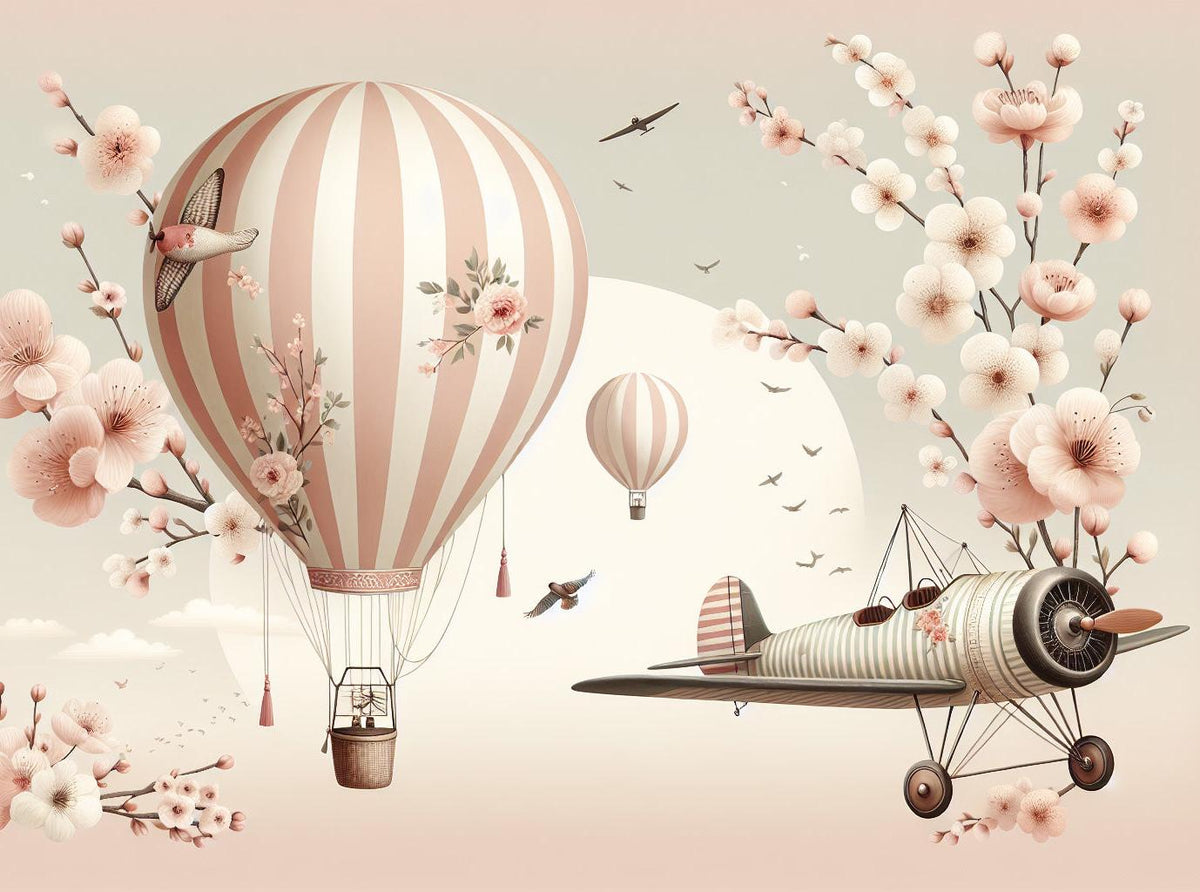 Papier peint montgolfière cerisiers et avions