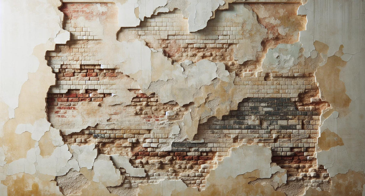 Papier peint brique et crépi blanc arraché