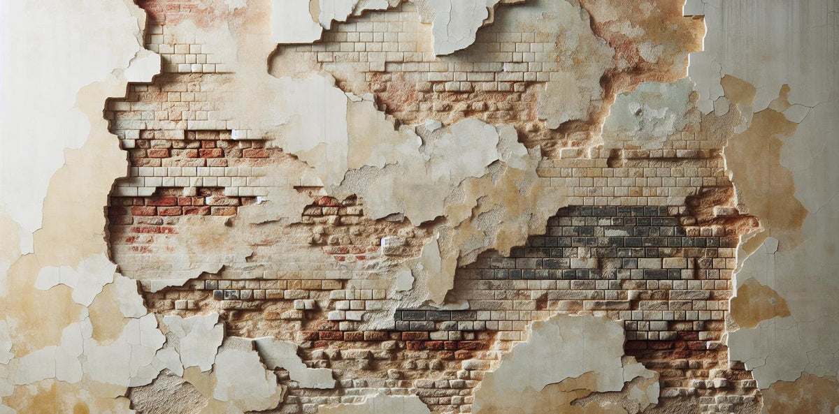 Papier peint brique et crépi blanc arraché