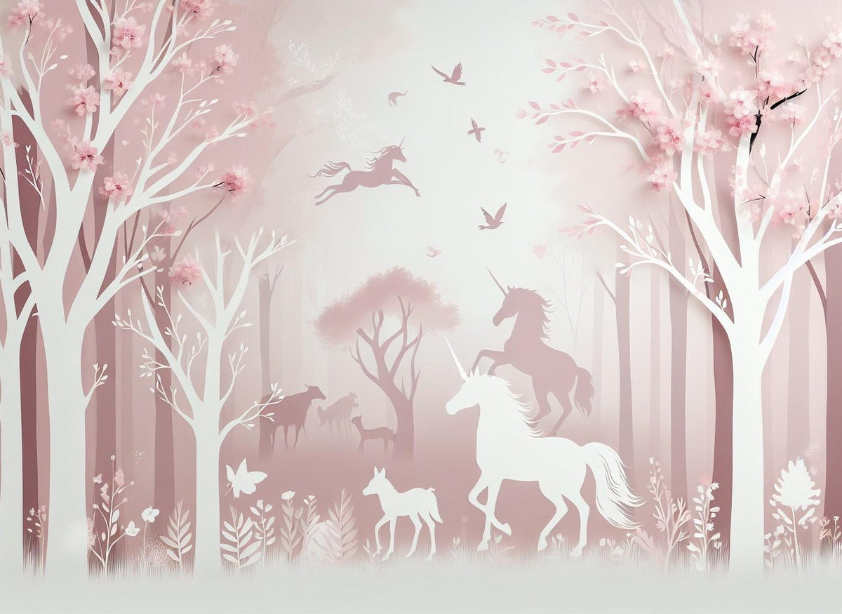 Papier peint licorne forêt rose