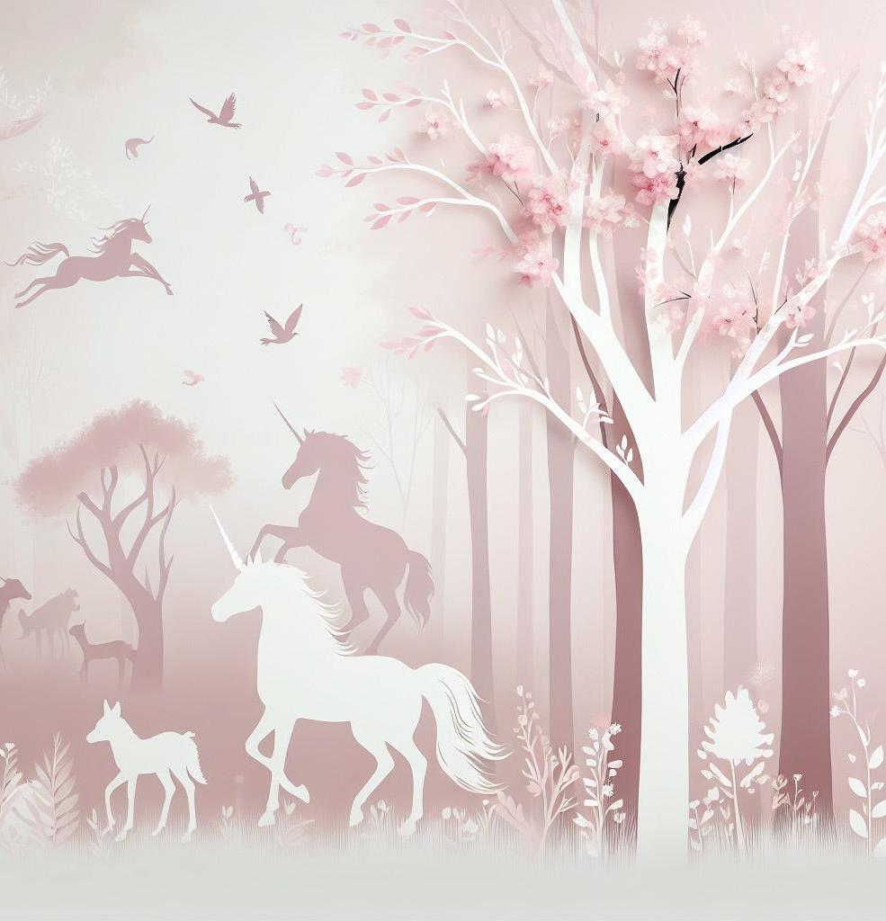 Papier peint licorne forêt rose