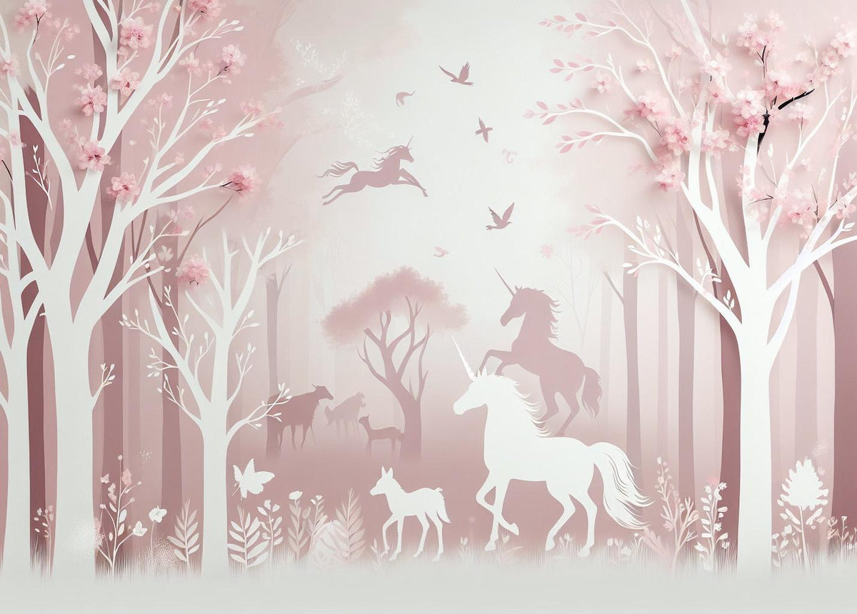 Papier peint licorne forêt rose