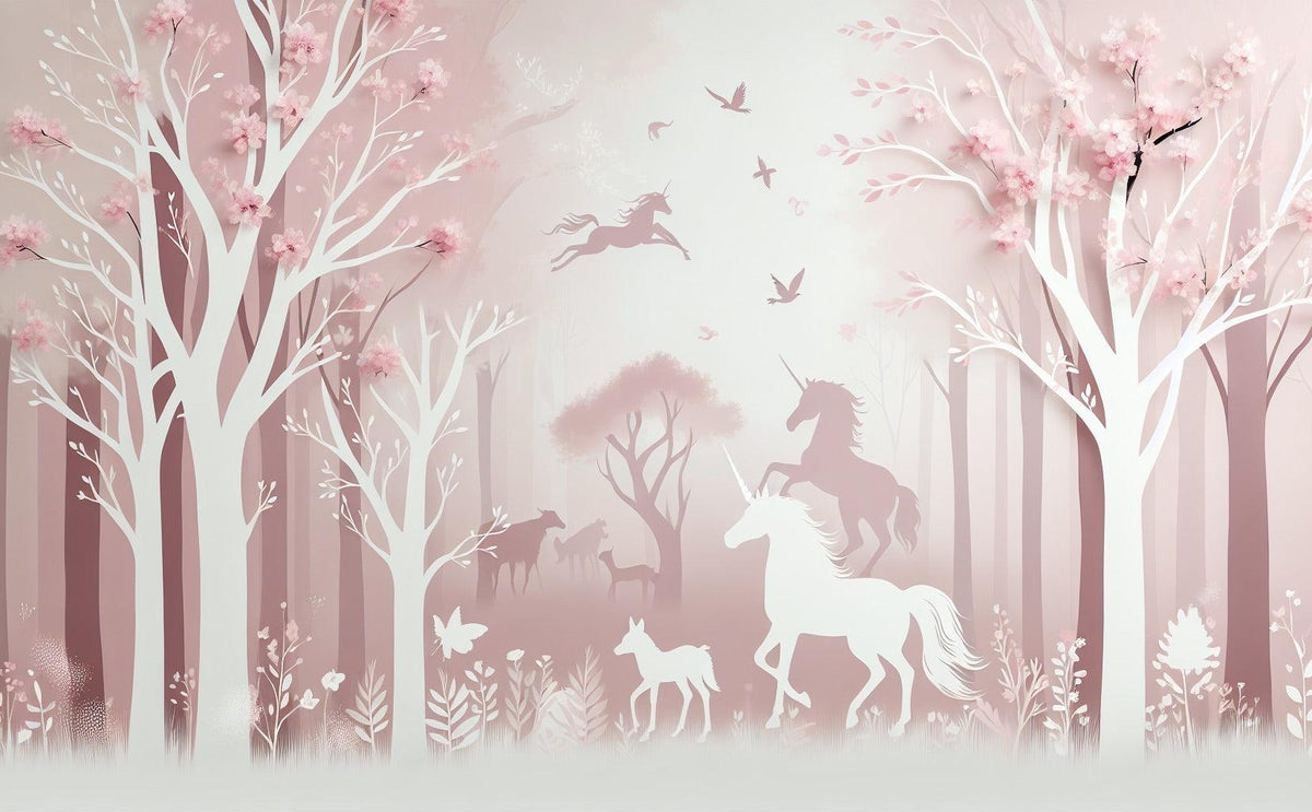 Papier peint licorne forêt rose