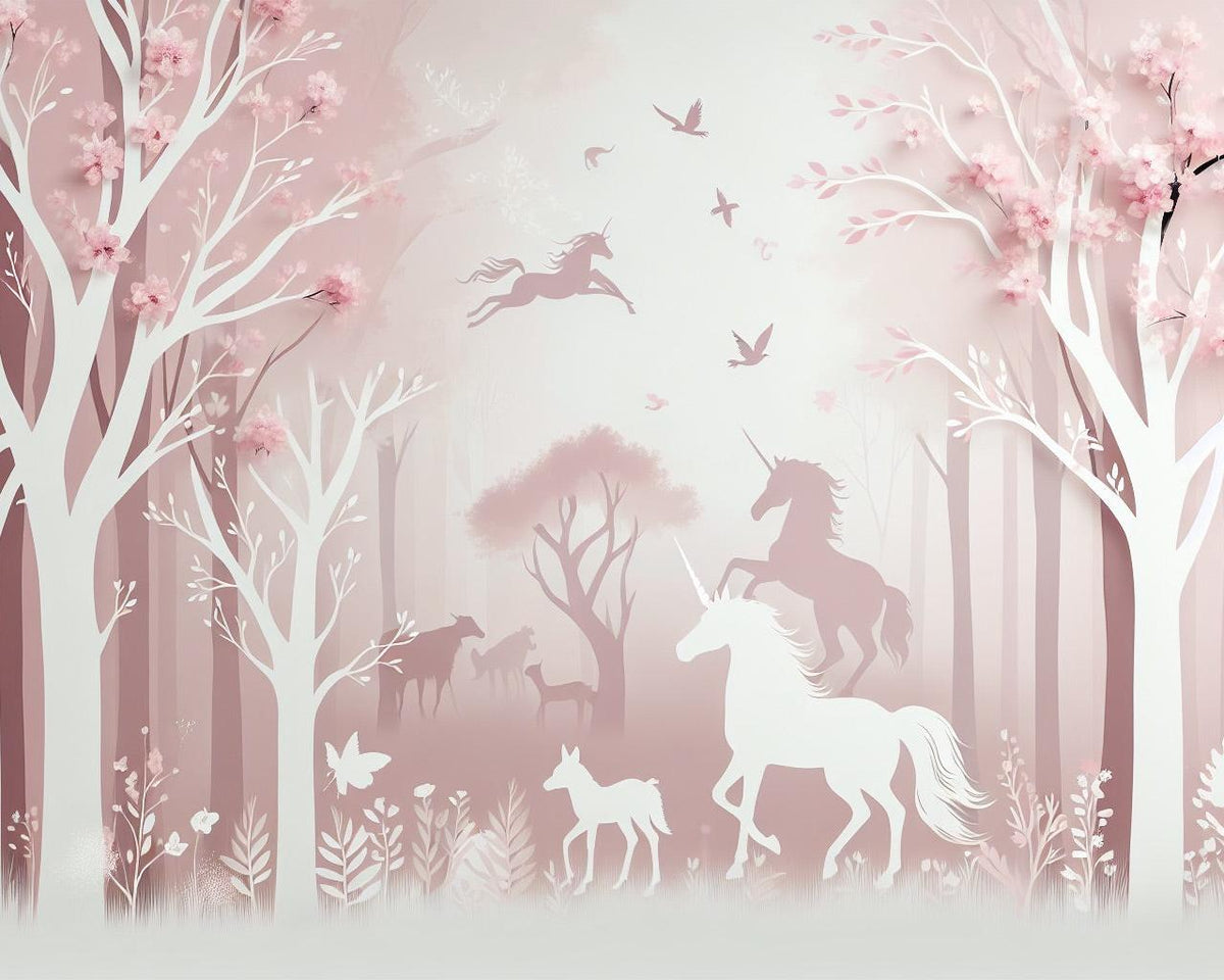 Papier peint licorne forêt rose