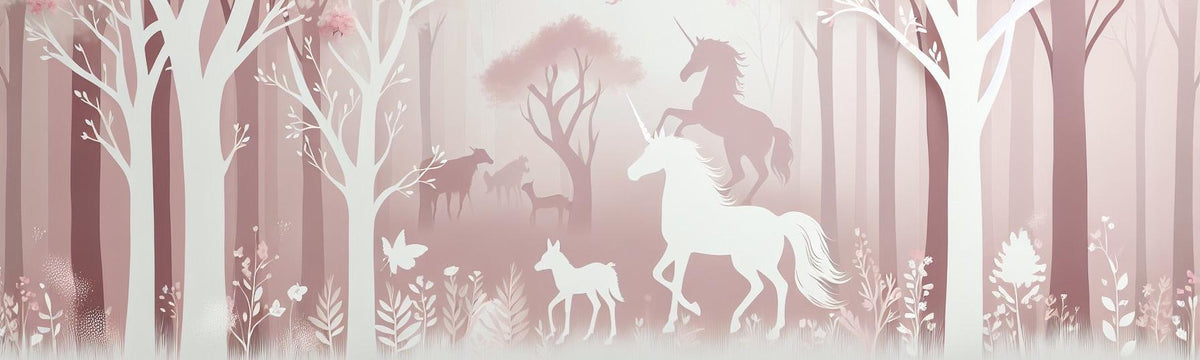 Papier peint licorne forêt rose
