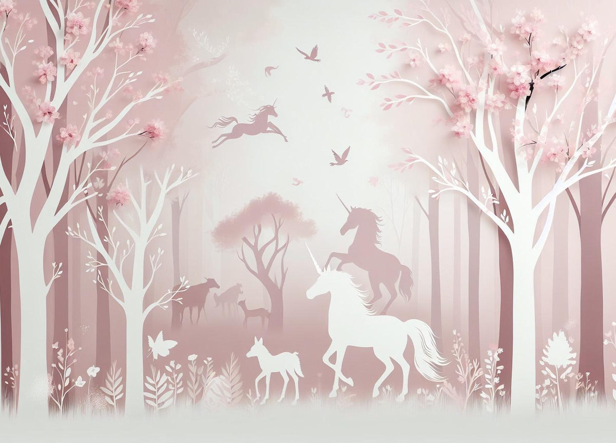 Papier peint licorne forêt rose