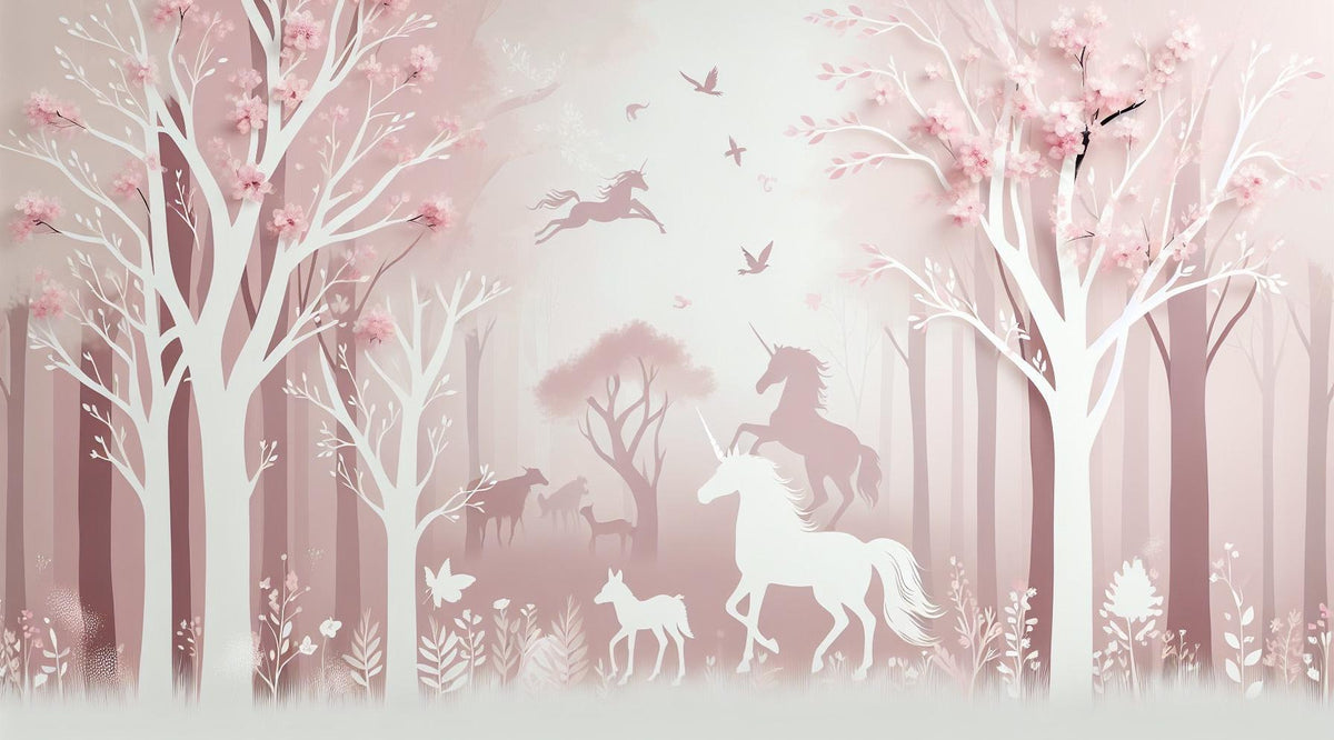 Papier peint licorne forêt rose
