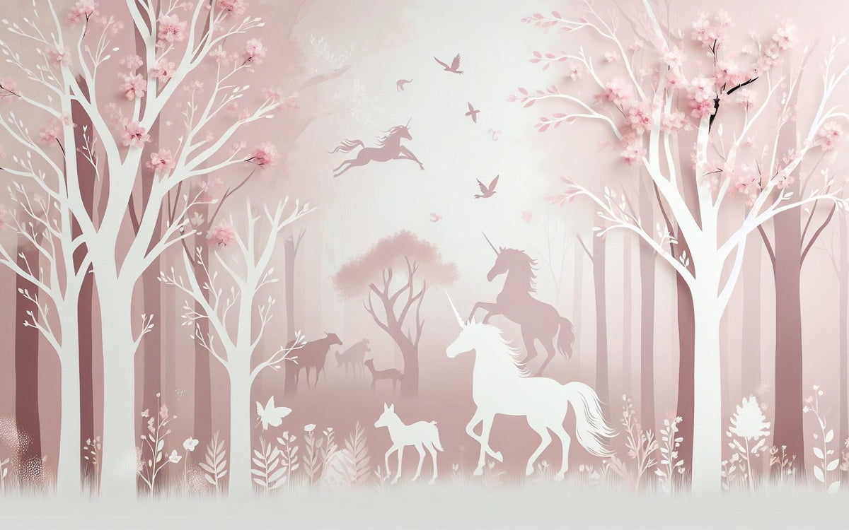 Papier peint licorne forêt rose