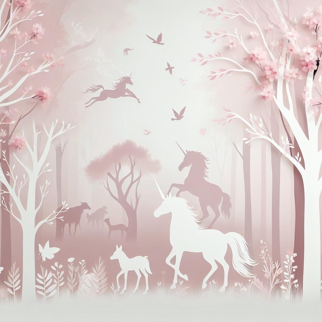 Papier peint licorne forêt rose
