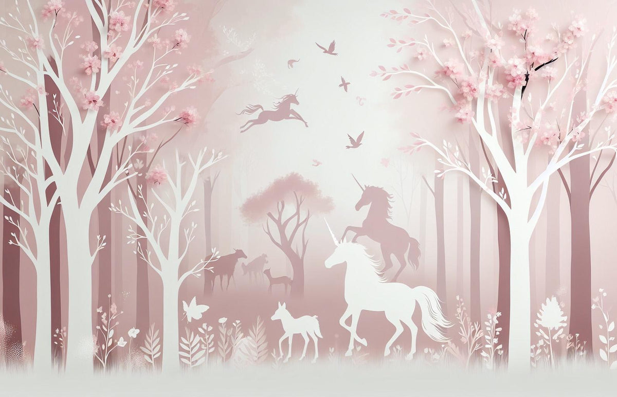 Papier peint licorne forêt rose