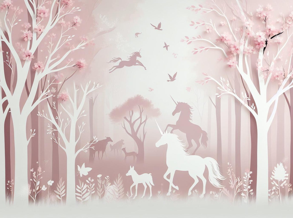 Papier peint licorne forêt rose
