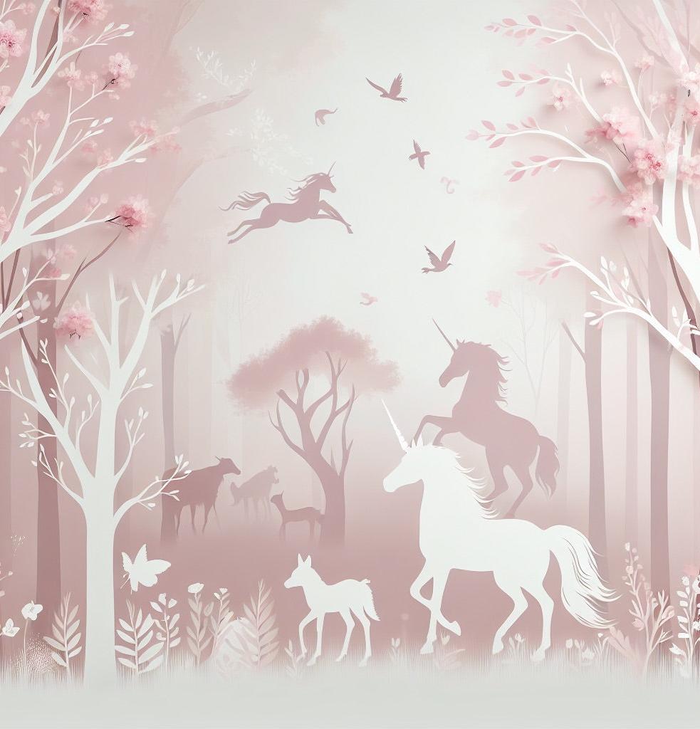 Papier peint licorne forêt rose