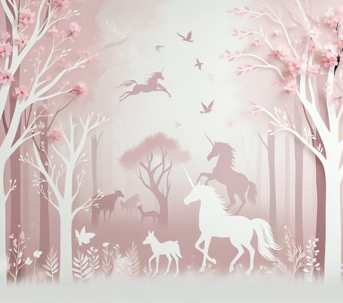 Papier peint licorne forêt rose