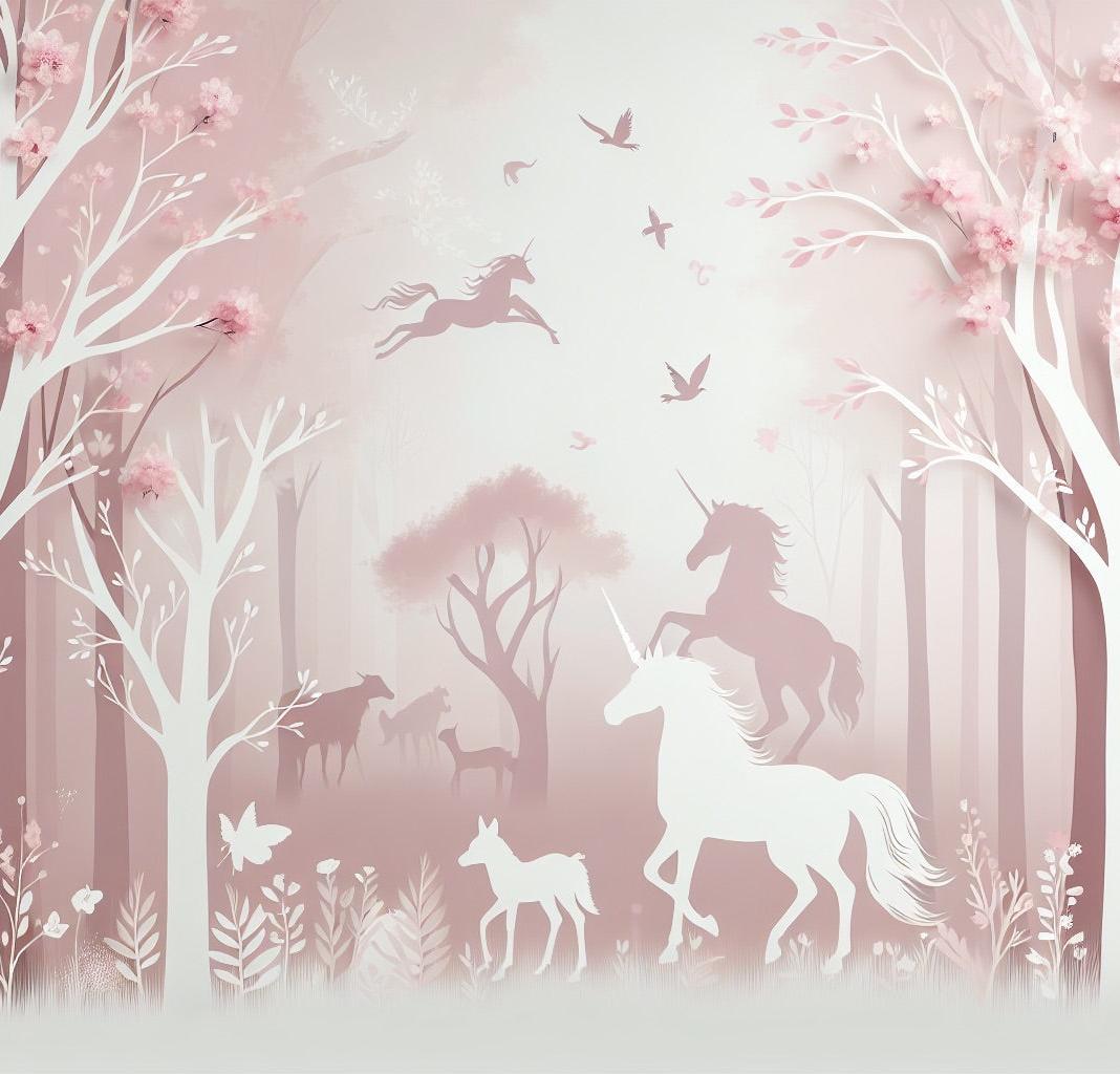 Papier peint licorne forêt rose