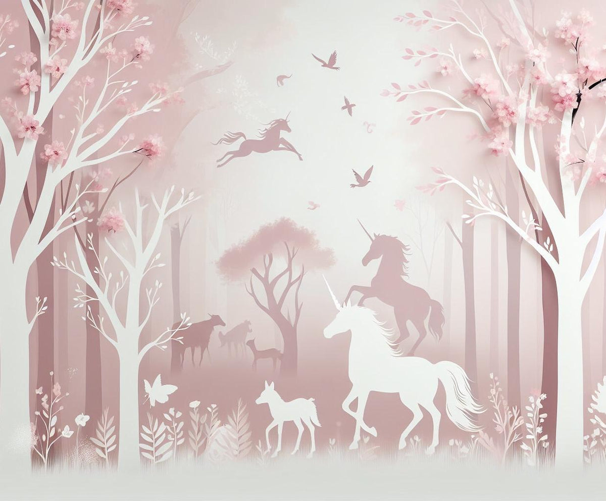 Papier peint licorne forêt rose