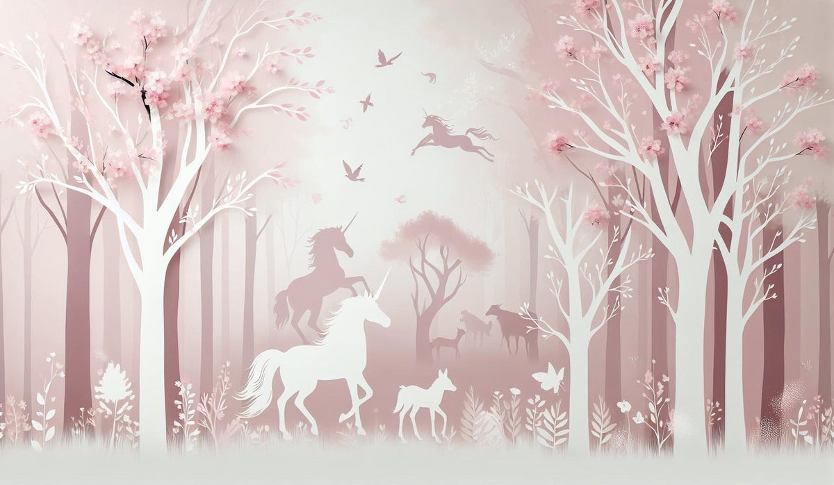 Papier peint licorne forêt rose