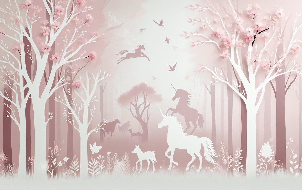 Papier peint licorne forêt rose