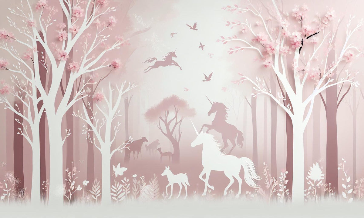 Papier peint licorne forêt rose