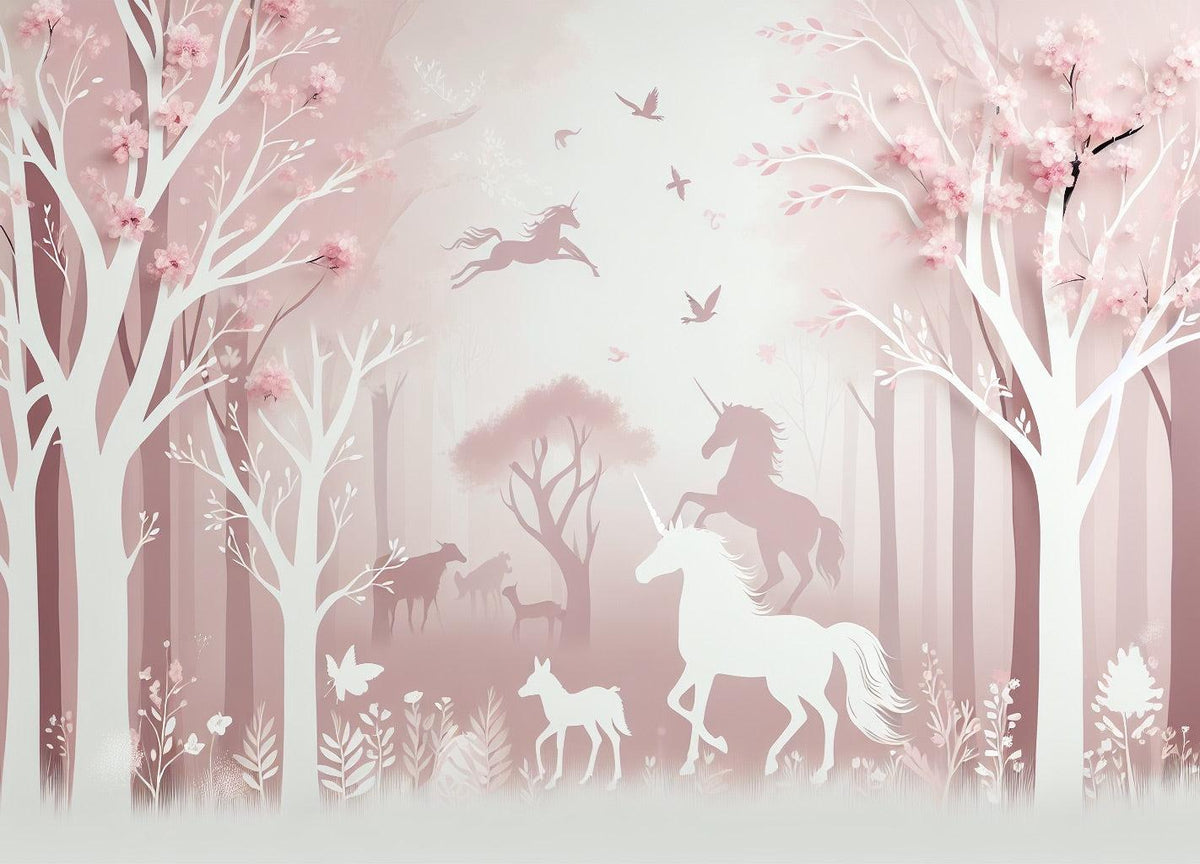 Papier peint licorne forêt rose