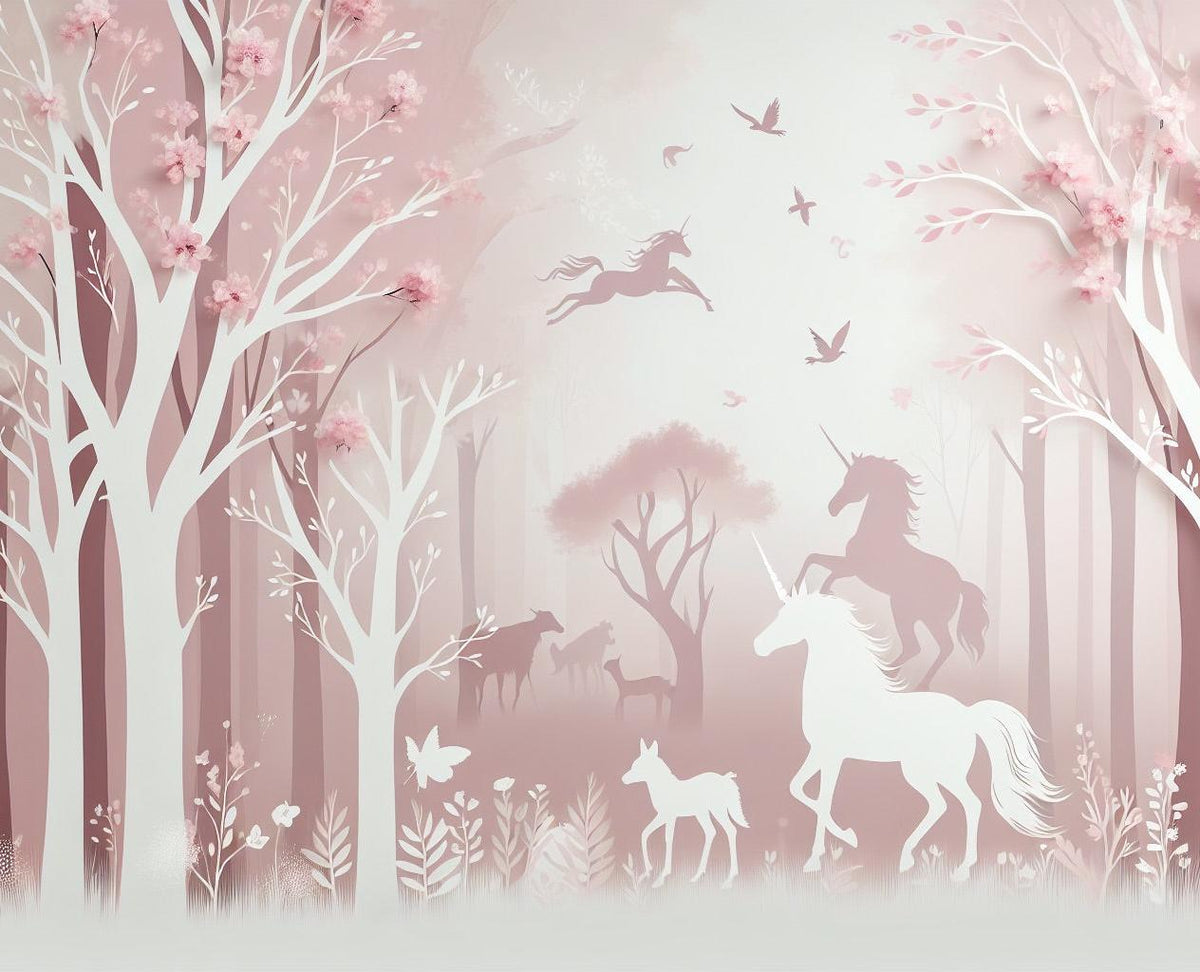 Papier peint licorne forêt rose