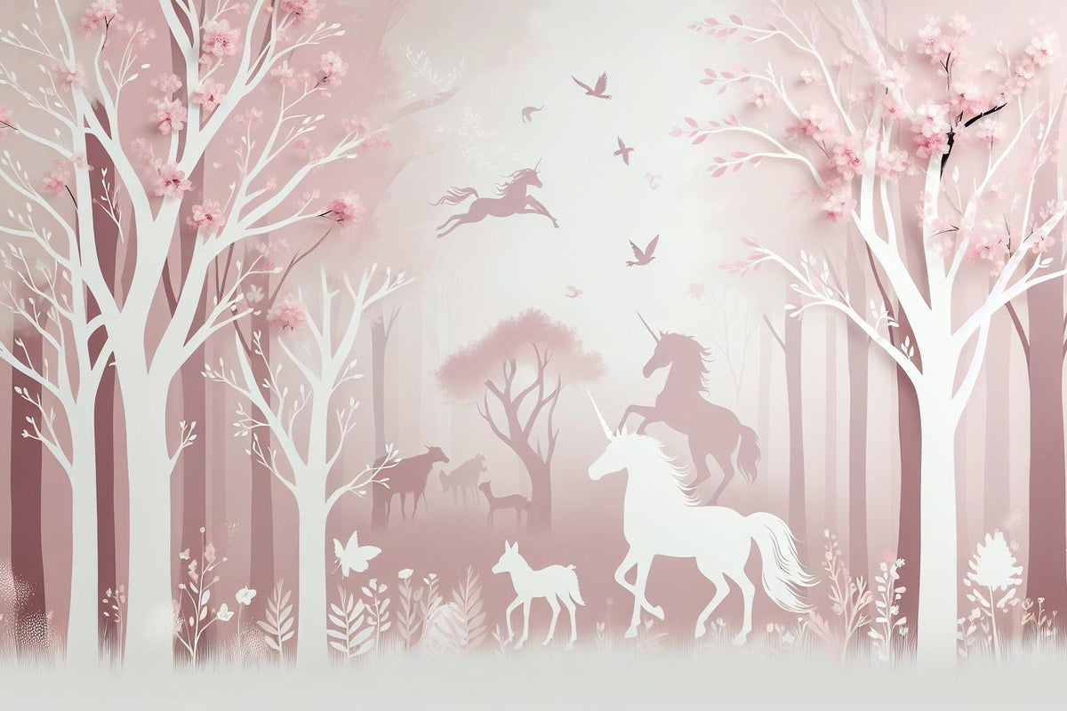 Papier peint licorne forêt rose