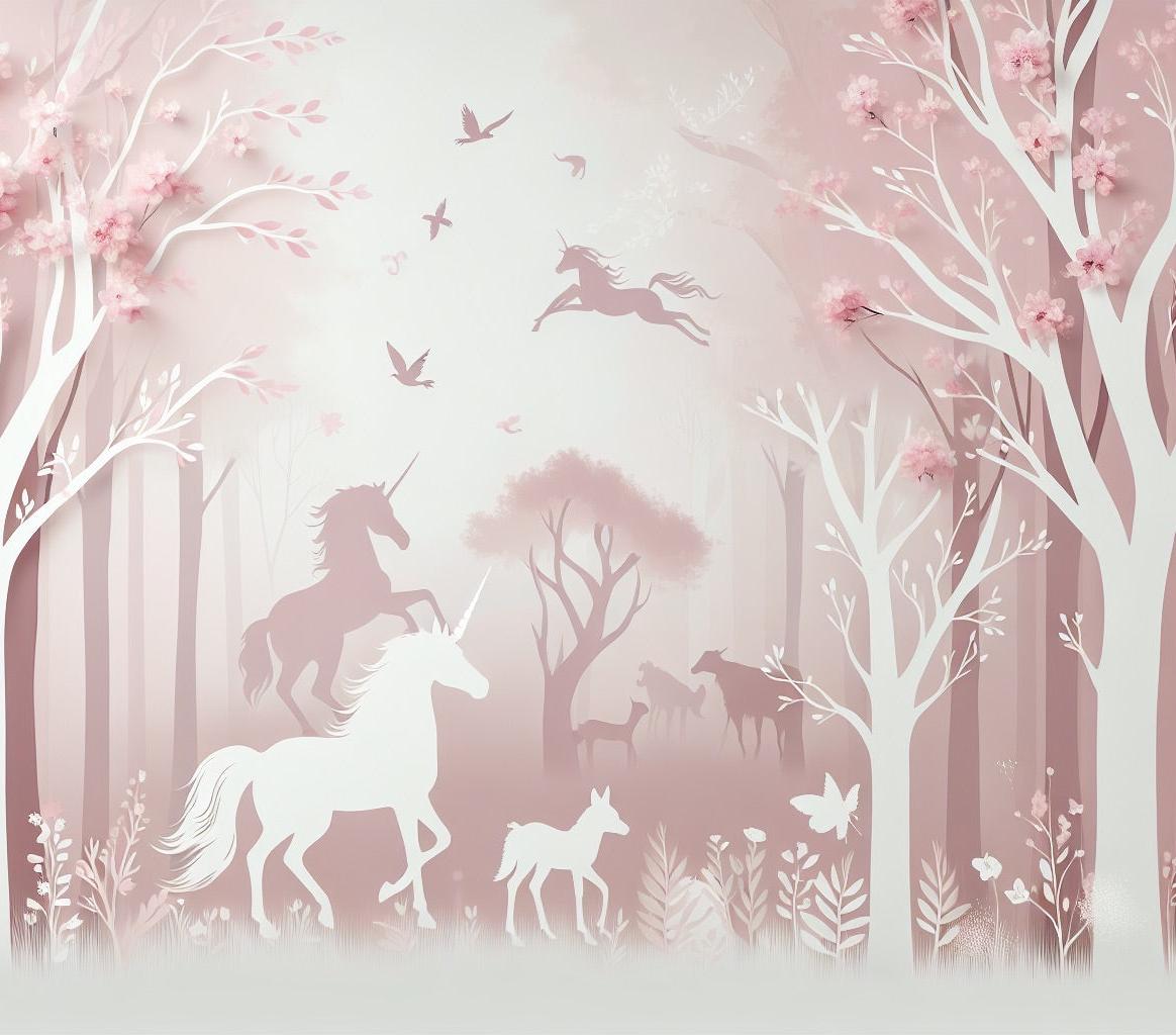 Papier peint licorne forêt rose