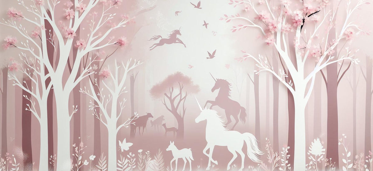 Papier peint licorne forêt rose