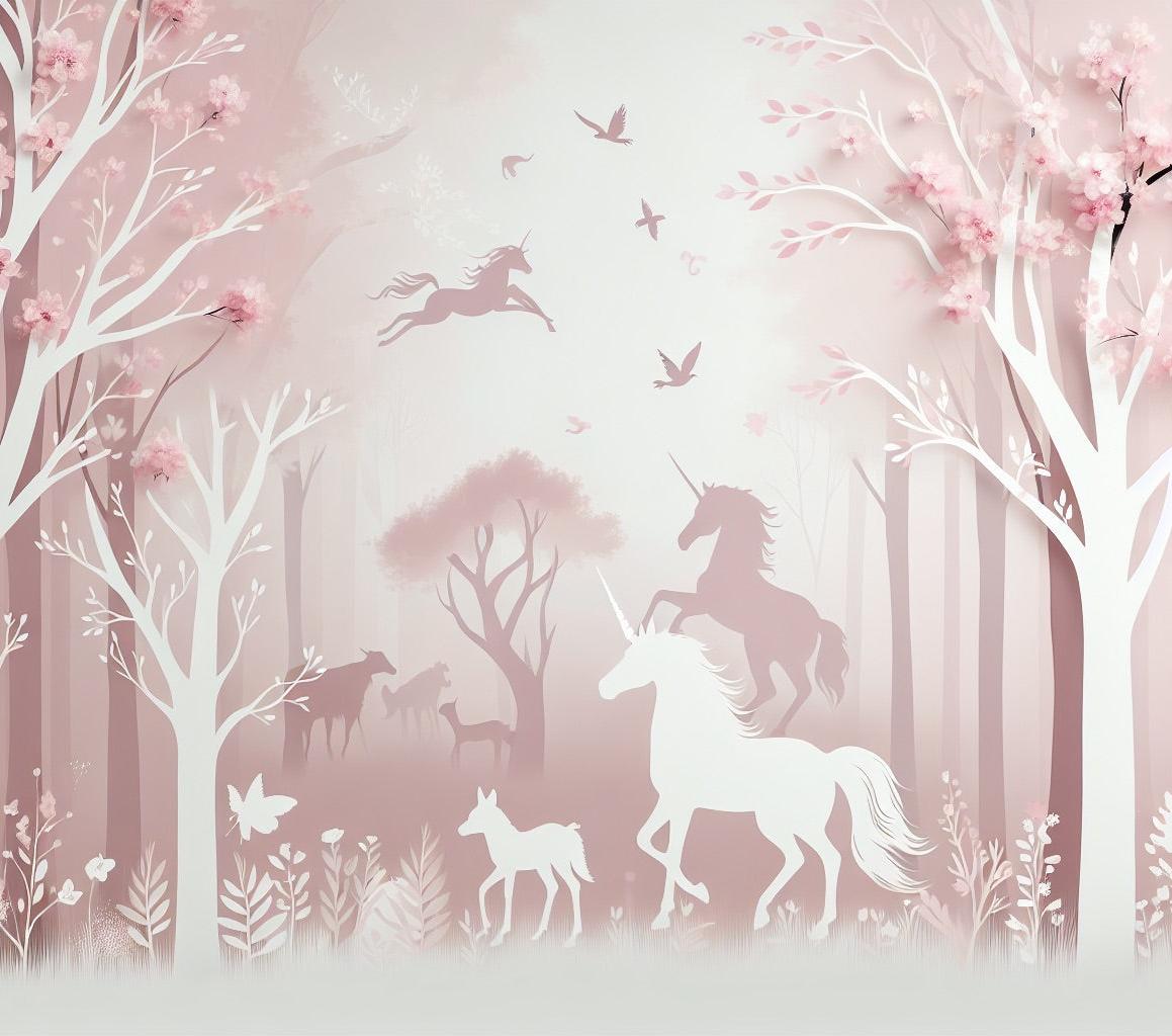 Papier peint licorne forêt rose