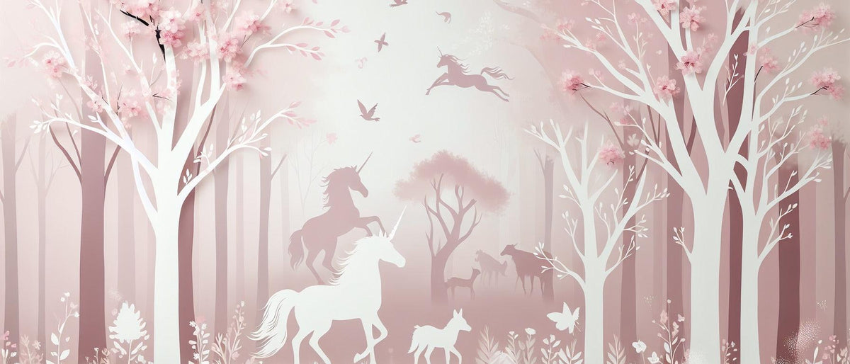 Papier peint licorne forêt rose