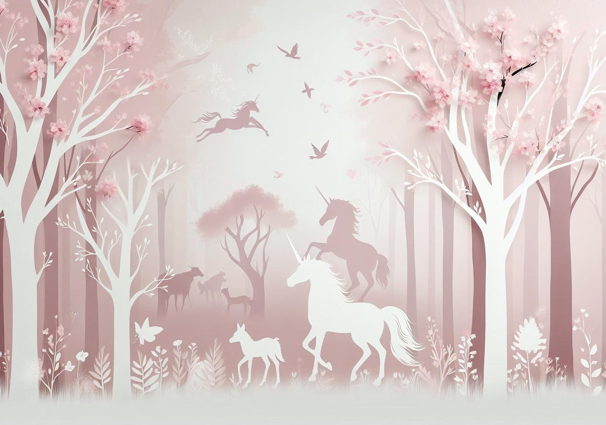 Papier peint licorne forêt rose