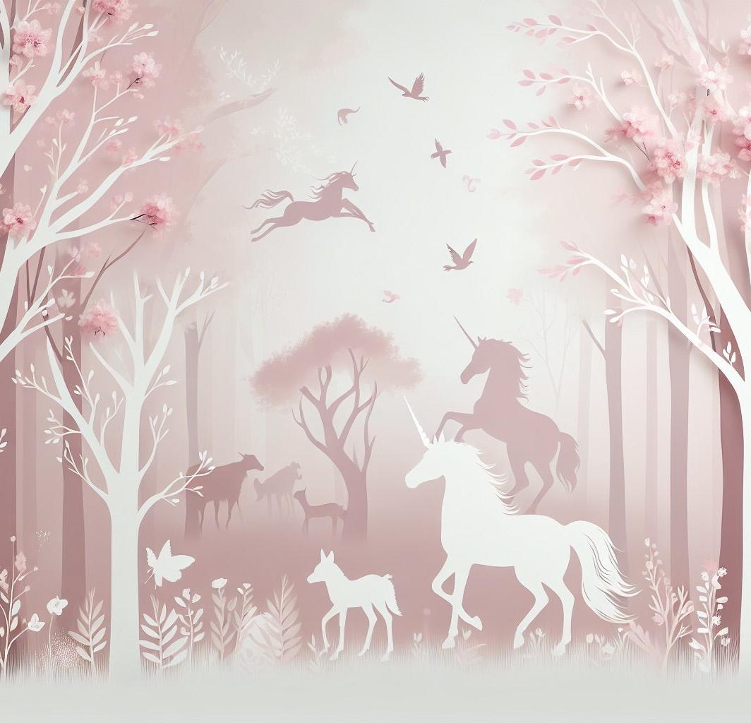 Papier peint licorne forêt rose