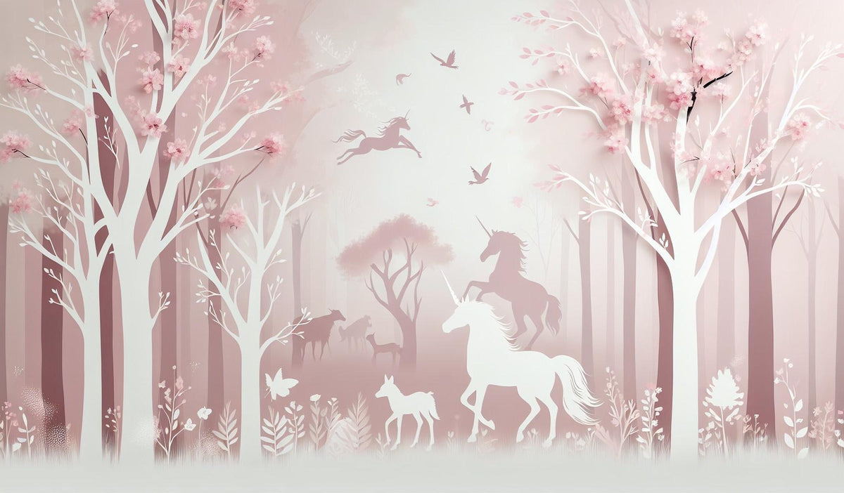 Papier peint licorne forêt rose