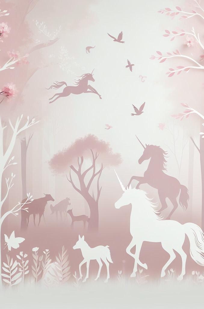 Papier peint licorne forêt rose