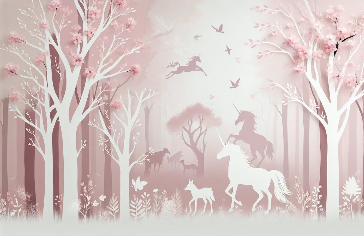 Papier peint licorne forêt rose