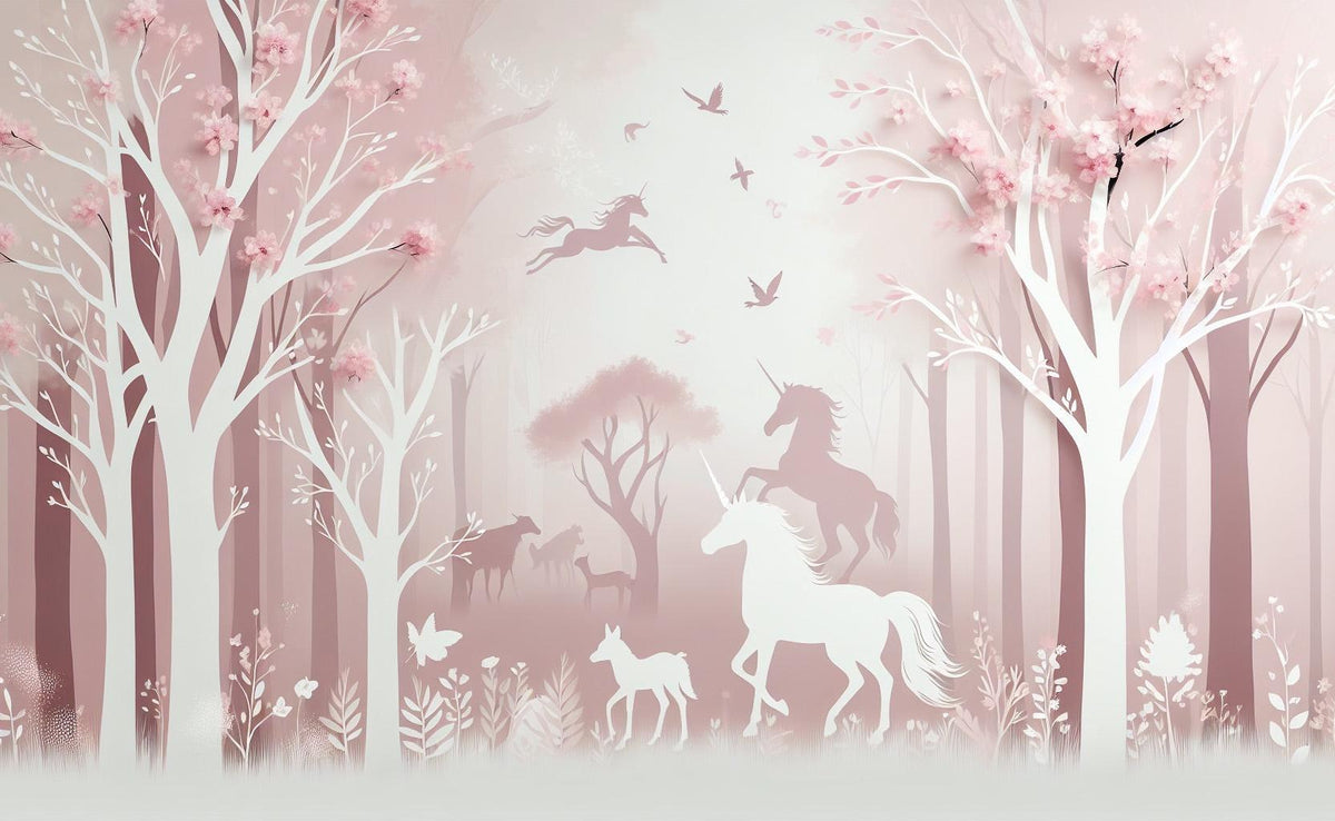 Papier peint licorne forêt rose