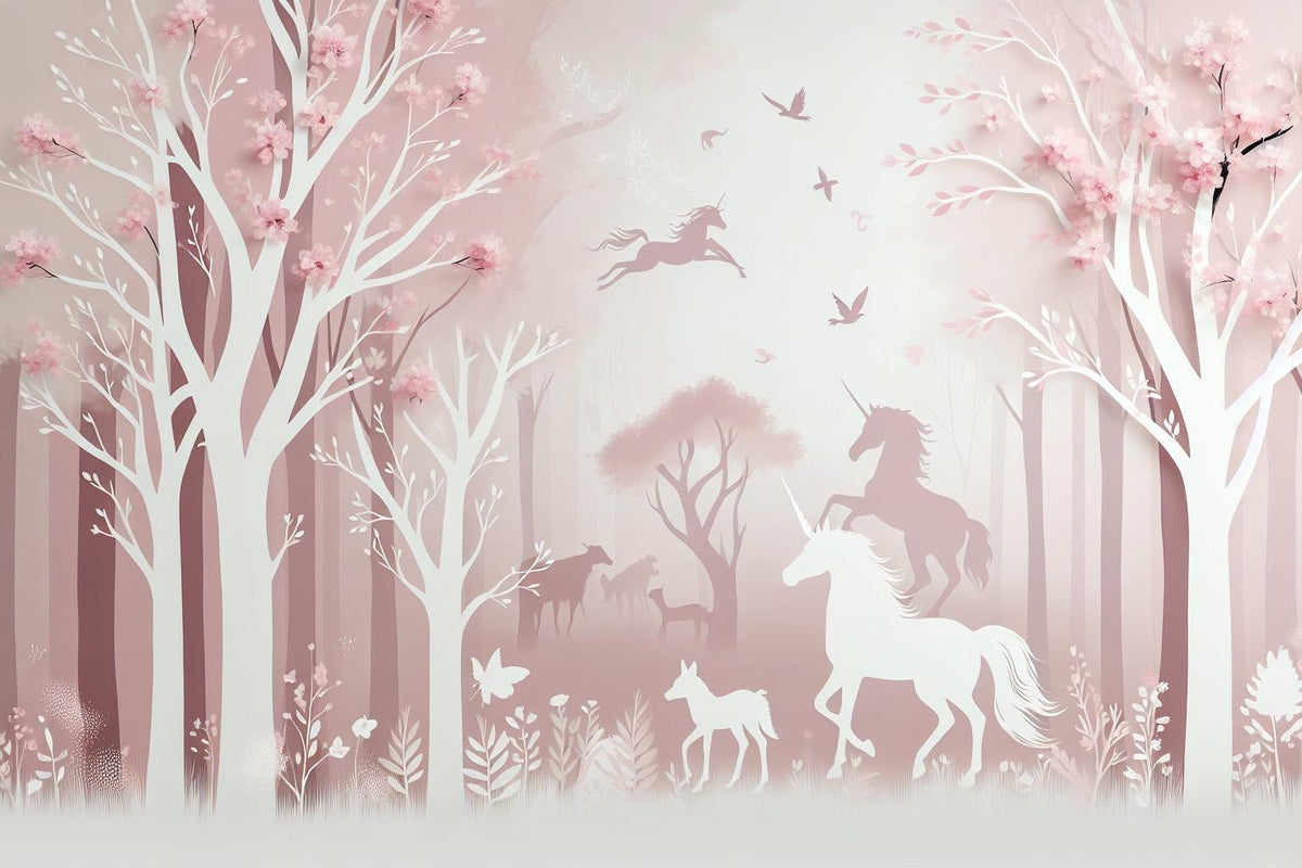 Papier peint licorne forêt rose
