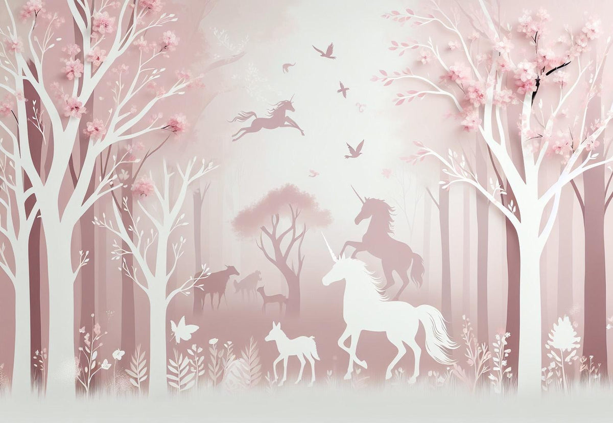Papier peint licorne forêt rose