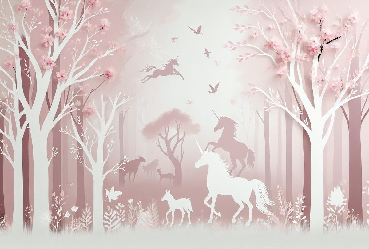 Papier peint licorne forêt rose