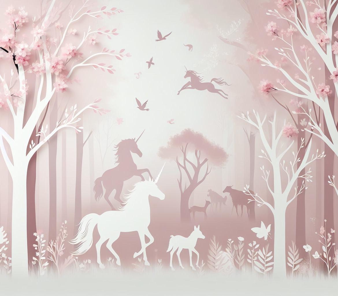 Papier peint licorne forêt rose