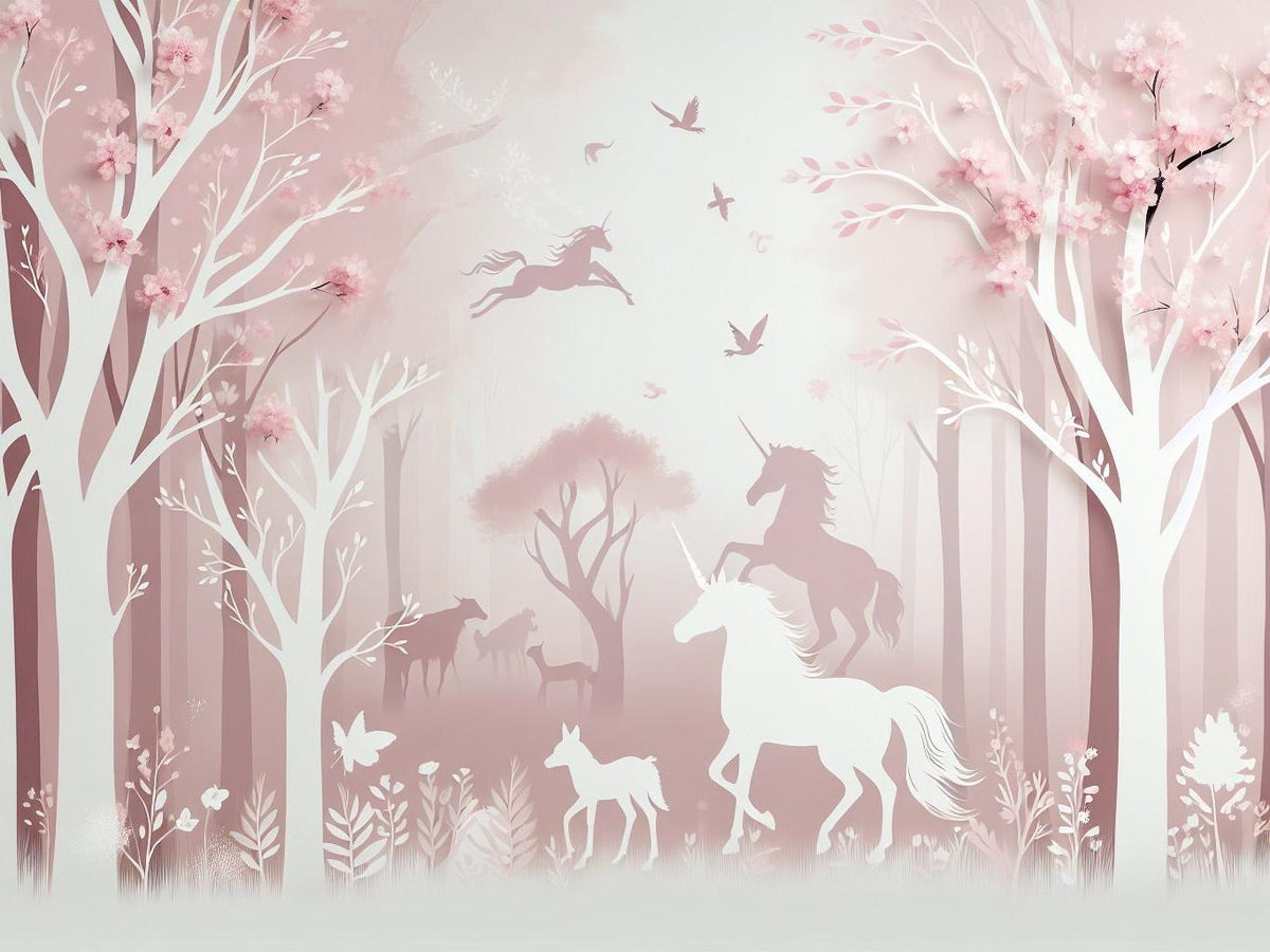 Papier peint licorne forêt rose