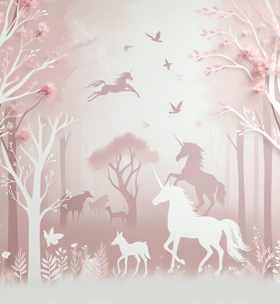 Papier peint licorne forêt rose