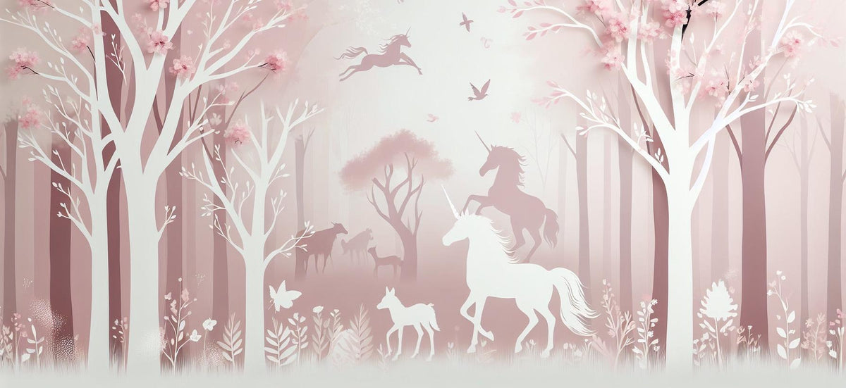 Papier peint licorne forêt rose