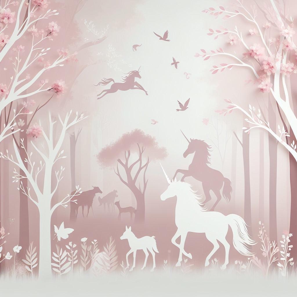 Papier peint licorne forêt rose