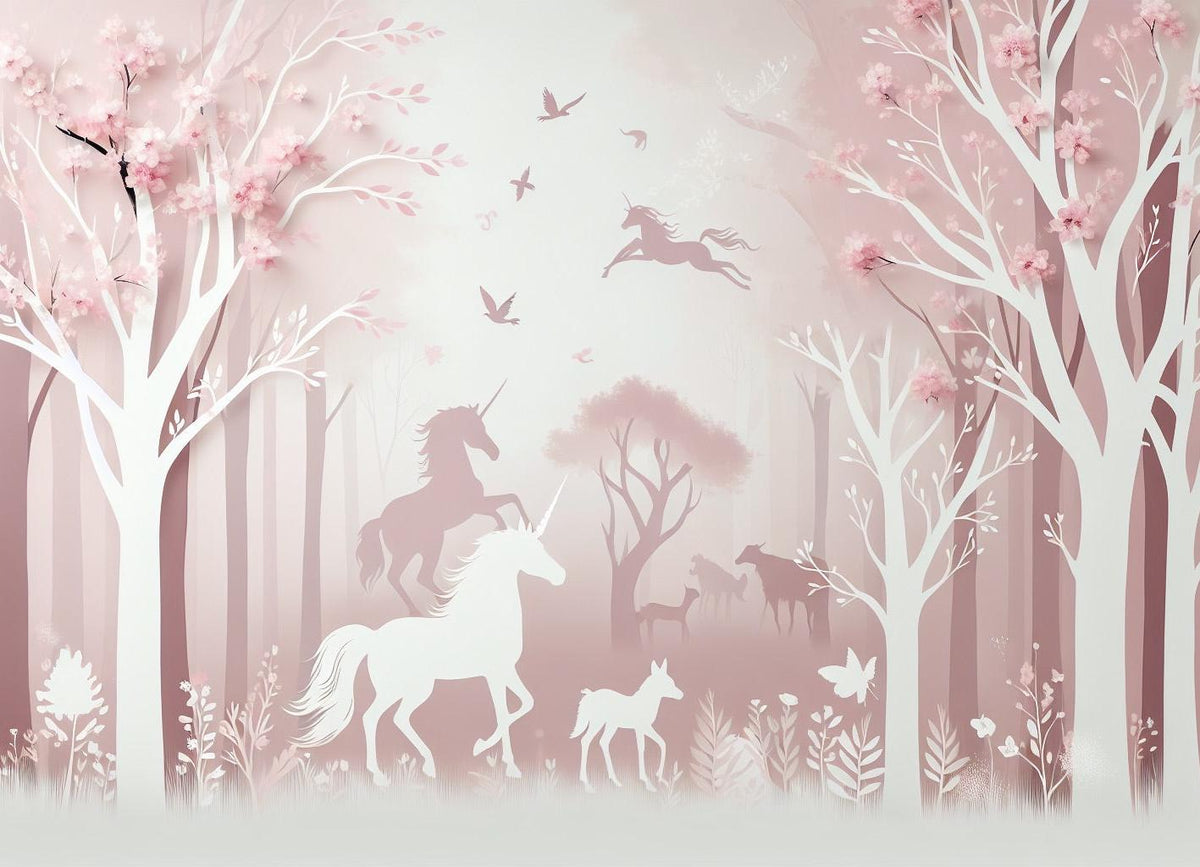 Papier peint licorne forêt rose