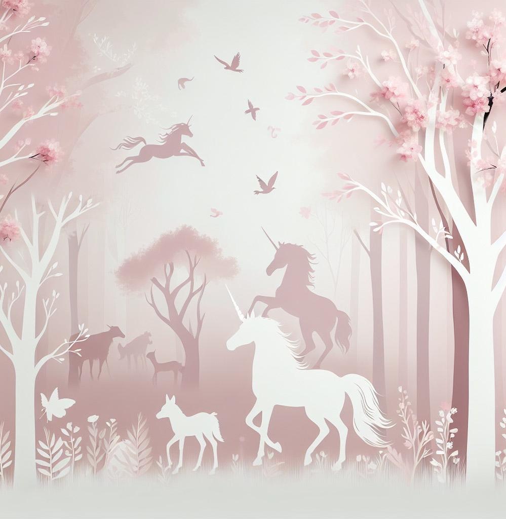 Papier peint licorne forêt rose