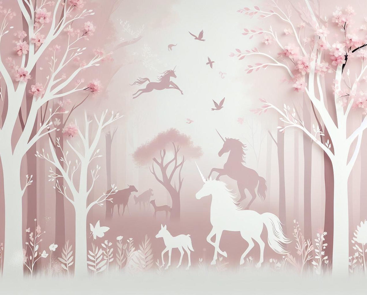 Papier peint licorne forêt rose