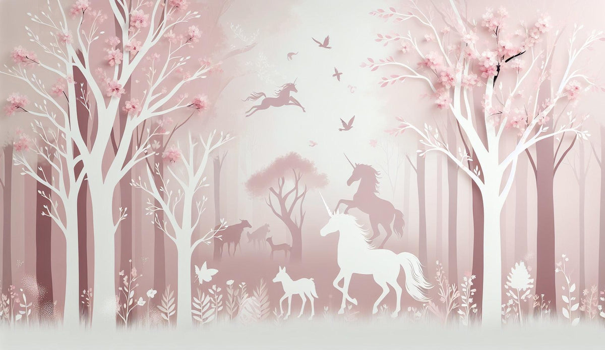 Papier peint licorne forêt rose